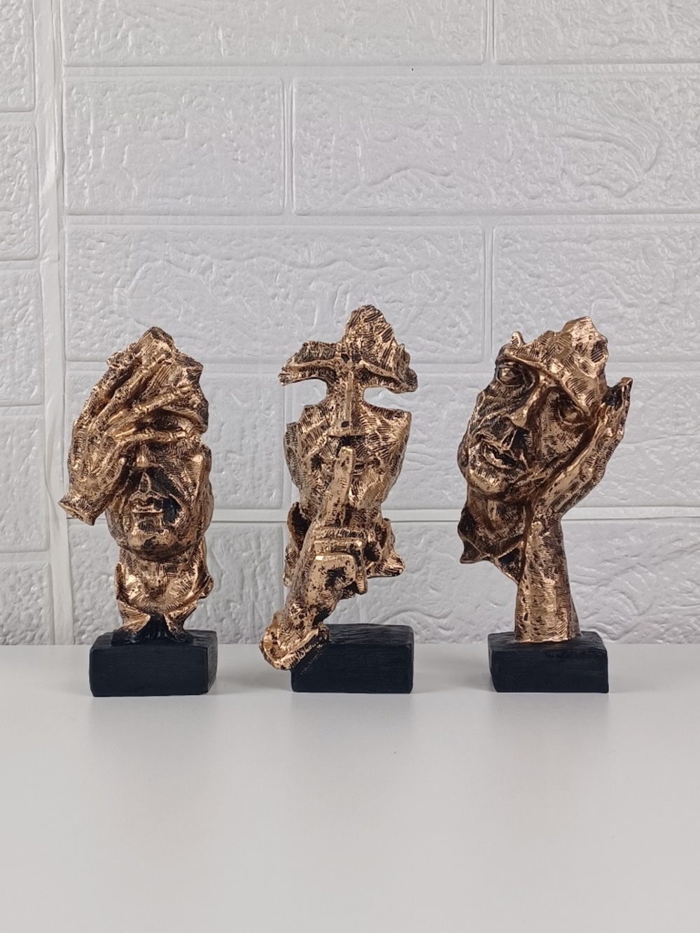 3pc Abstract Bronze Thinker Statue Set Modern Face Figurines Home Decor